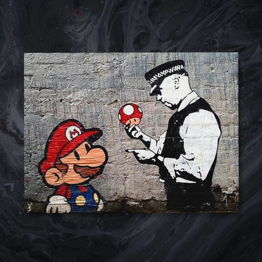 Tableau Banksy Mario Champignon Gris